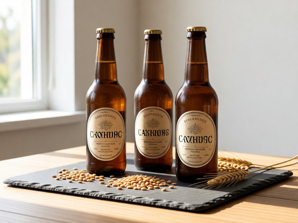 Three elegant non-alcoholic beer bottles arranged on a slate board with barley grains. Soft window light highlights textures and labels. Minimalist composition. No people.