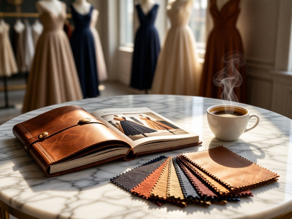 An open leather-bound lookbook beside a steaming espresso cup on a marble table. Sunlight highlights the texture of fabric samples fanned beside it. Soft focus on distant couture dresses. No people.