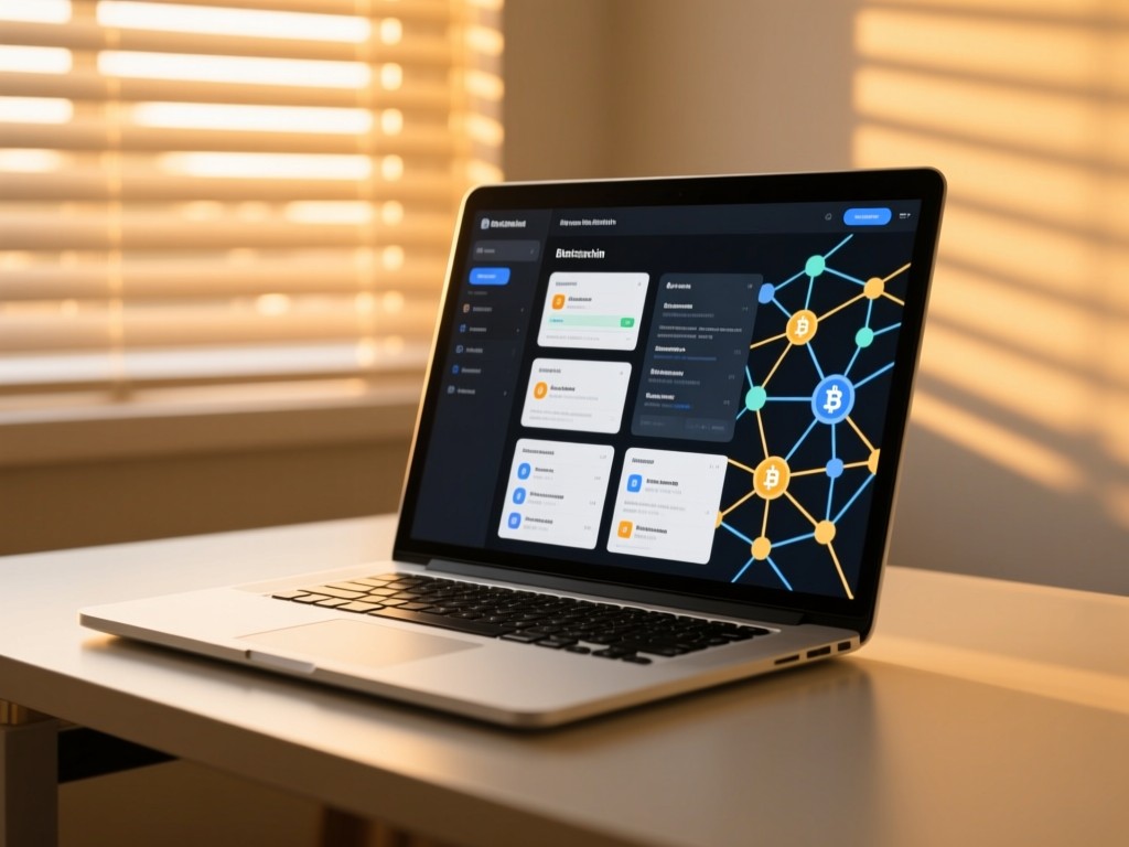 A modern laptop on a minimalist desk during golden hour, screen showing organized blockchain documents with abstract node patterns, warm sunlight through blinds, soft natural lighting, no text.