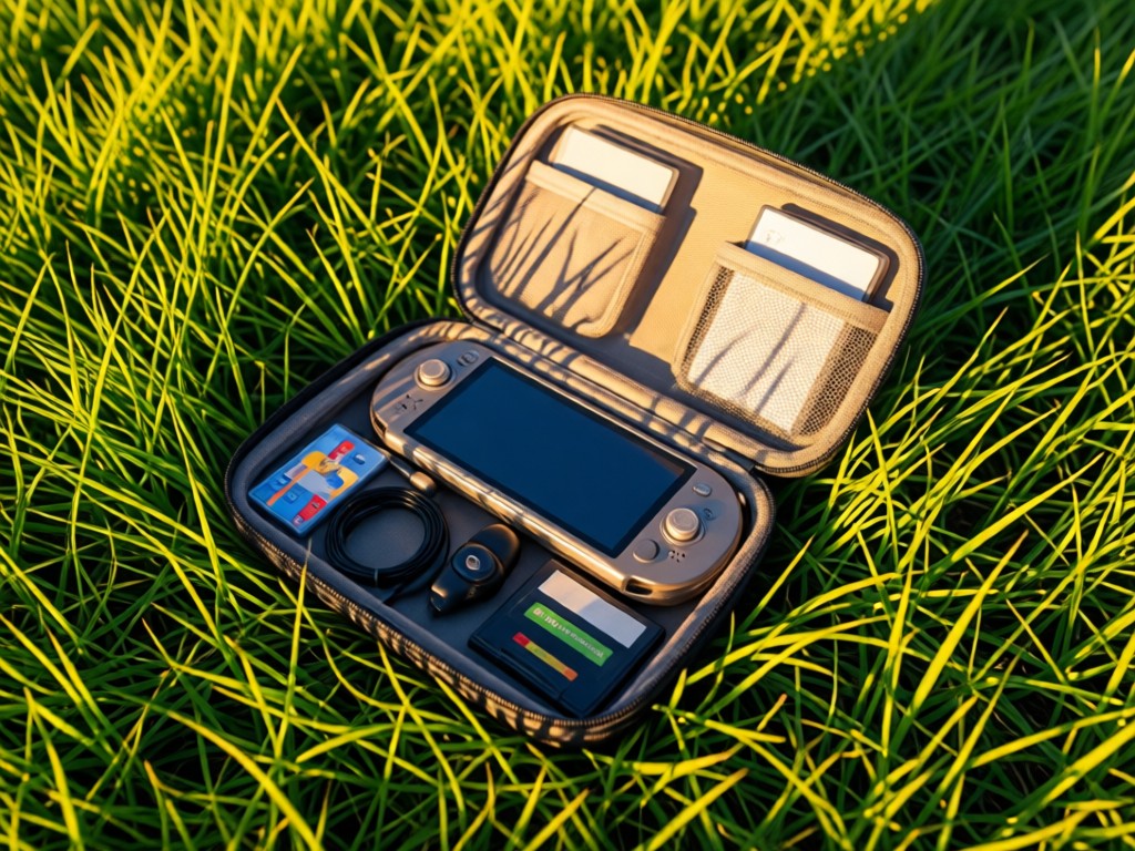 Aerial view of a PS Vita travel case open on grass, revealing the console, earbuds, and game cartridges. Golden hour light casts long shadows across the green blades. No people.