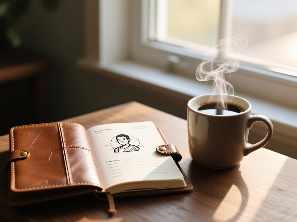 A leather-bound notebook open to a contact page sketch beside a steaming coffee mug. Morning light through window. No people.