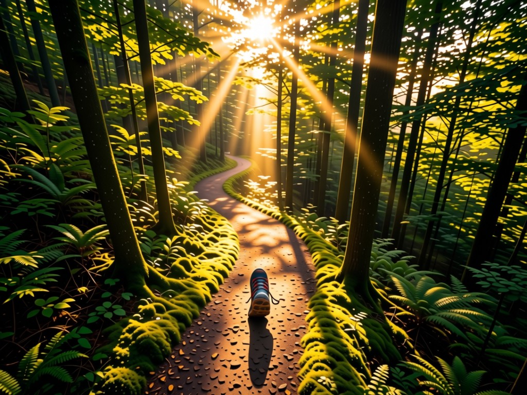 An aerial shot of a single running shoe on a winding forest trail during golden hour. Sunbeams pierce through canopy onto the path. Symbolizes focus and journey. No people.