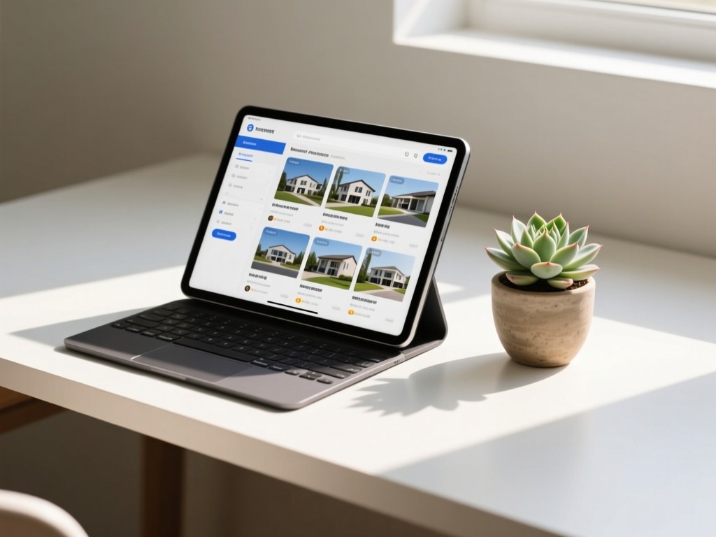 A minimalist desk with a tablet displaying unified property listings. A small potted succulent beside it. Soft sunlight highlights the clean interface. No people.