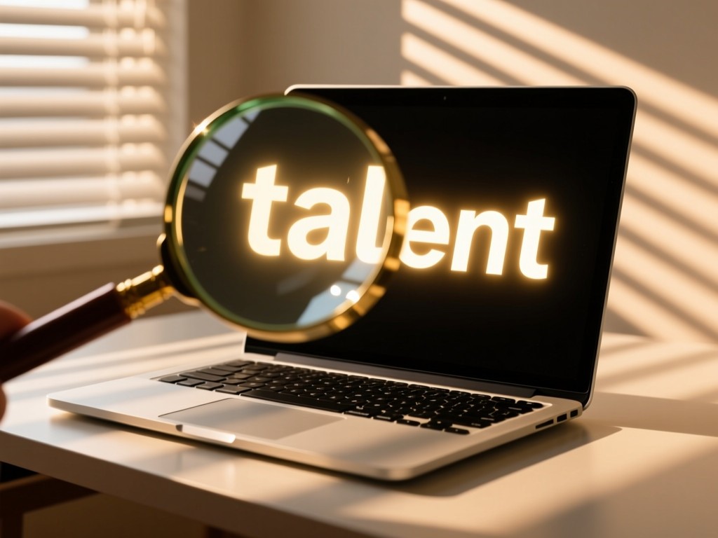 A magnifying glass focusing on a glowing 'talent' keyword on a laptop screen. Sunlight streams through blinds, creating striped shadows on a minimalist desk. Warm and focused mood. No people.
