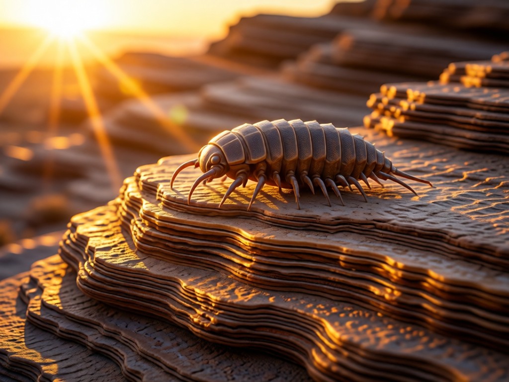 A single perfectly preserved trilobite fossil isolated on layered sedimentary rock at sunset. Sun rays emphasize geological strata. Symbolizes focus and discovery. No people.