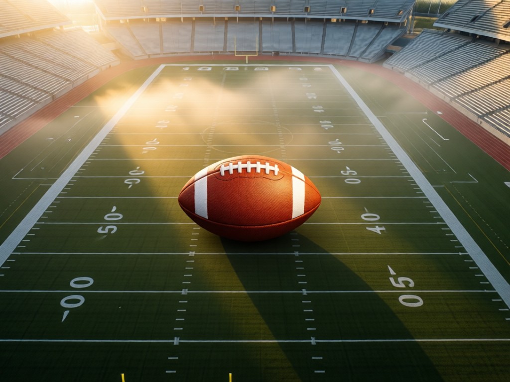 An aerial shot of a single football placed precisely on the 50-yard line at dawn. Mist rises from the empty stadium. Golden light hits the leather texture. No people.