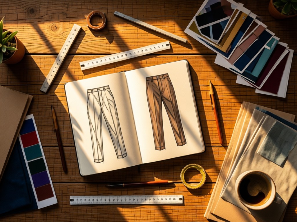 Aerial view of a designer workspace: sketchbook with pants designs, fabric swatches, and measuring tools arranged harmoniously on raw wood. Golden hour light creates warm pools of illumination. Symbolizes organized creativity. No people.