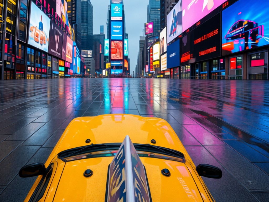 An aerial shot of a yellow taxi cab roof contrasting with gray pavement in rainy Times Square. Neon signs reflect on wet surfaces under moody twilight. No people.