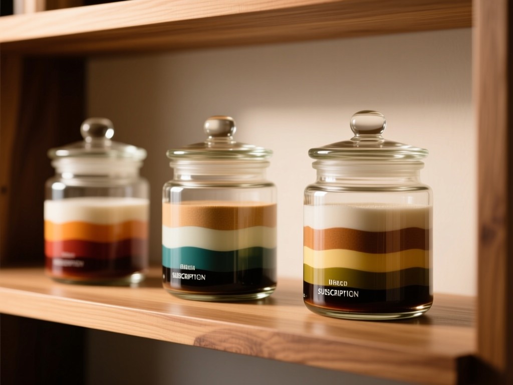 Three elegant glass jars on a wooden shelf, each filled with different colored layers representing subscription tiers. Soft backlighting creates depth. No people.