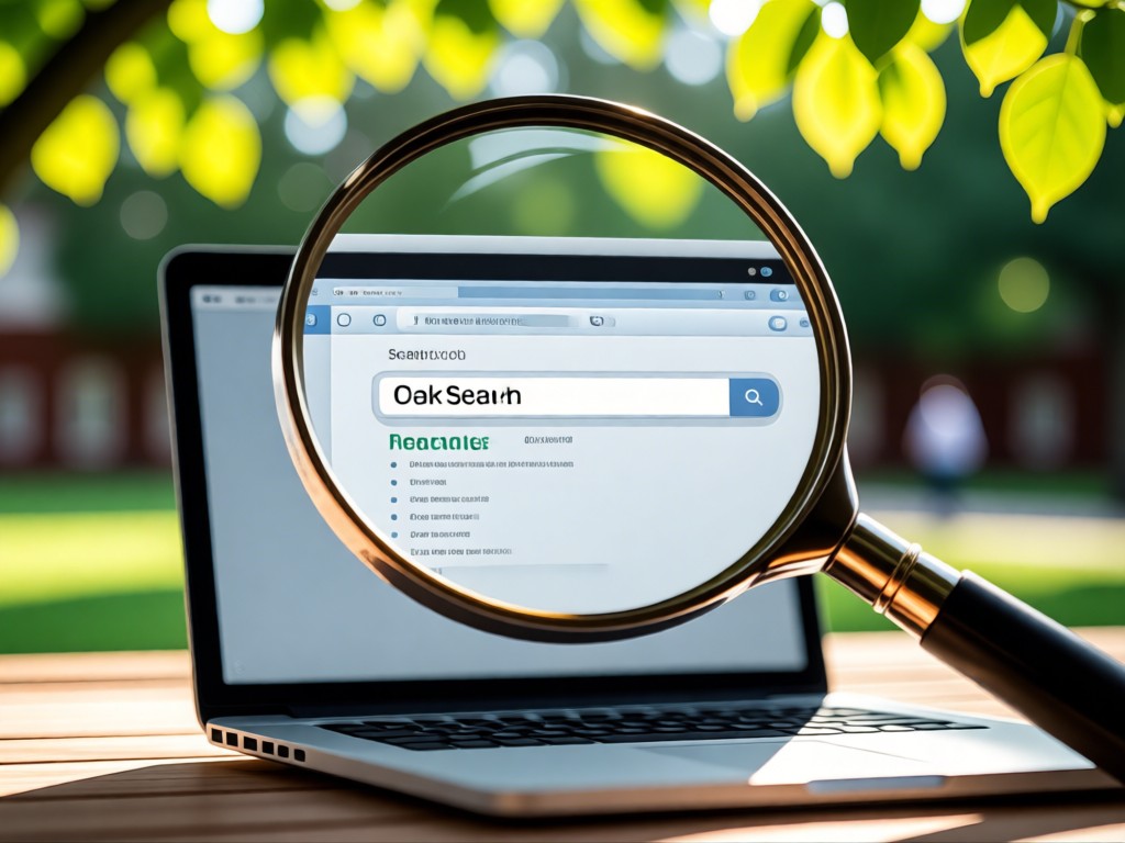 Magnifying glass focusing on a laptop screen showing search results. Soft bokeh background with campus-inspired greenery. Natural light filtering through leaves. No people.