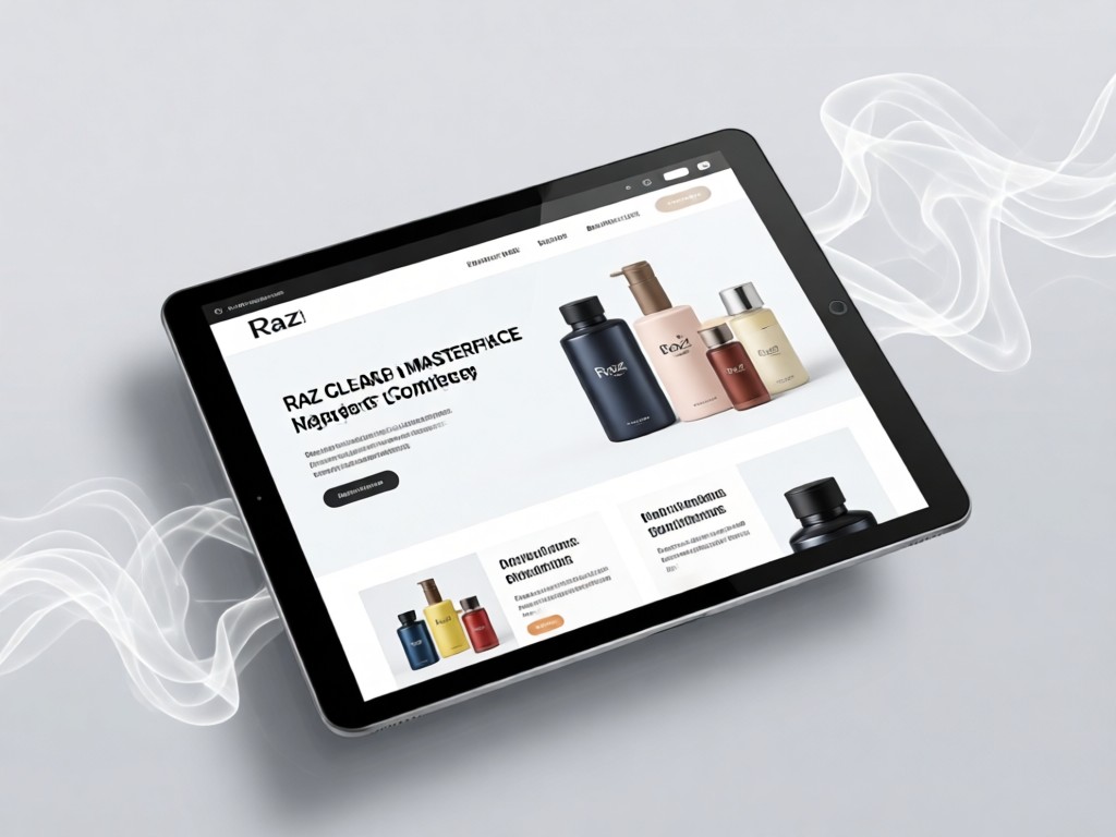 A clean e-commerce interface on a tablet displaying Raz products, surrounded by subtle vapor trails against a light gray background. No people.