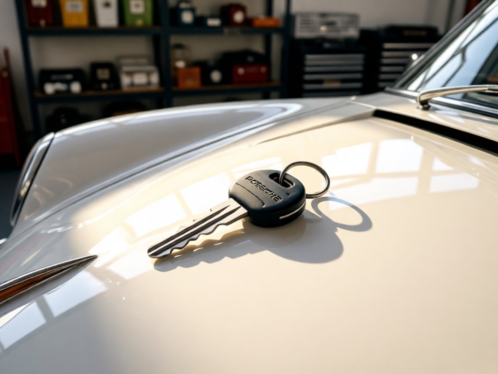 Aerial shot of a vintage Porsche key resting on a polished Carrera White hood. Sunlight glints off the paint and key contours. Blurred classic garage shelves in background. Clean composition with metallic reflections.