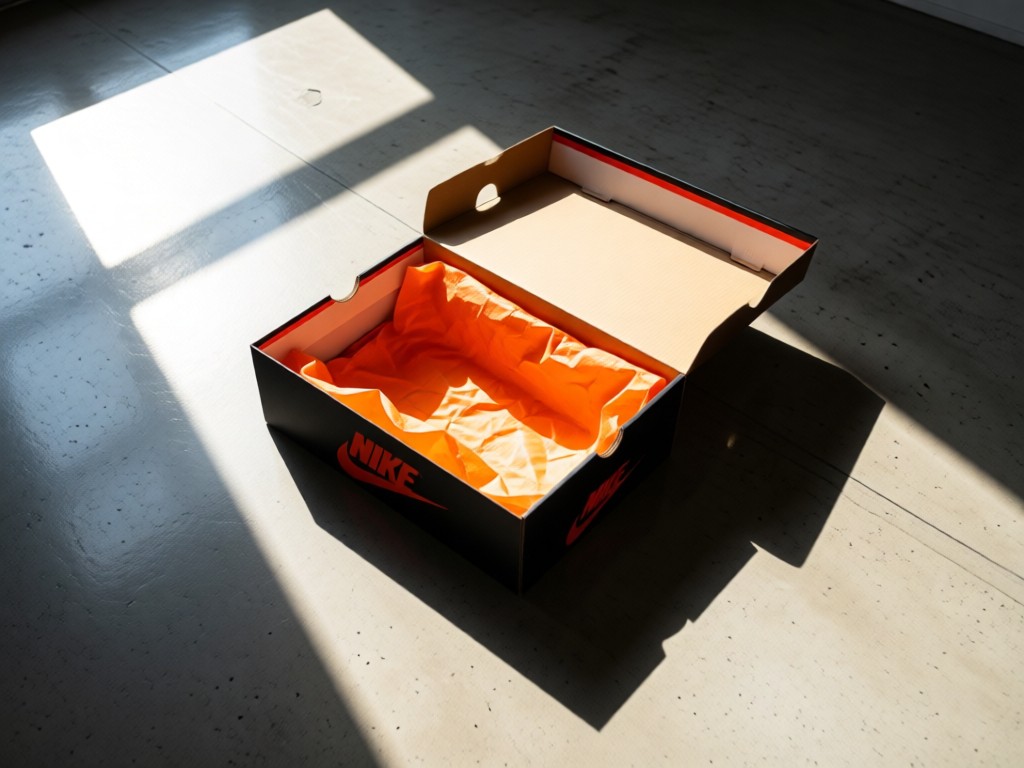 Aerial shot of an open Nike shoebox revealing orange tissue paper. Sunlight streams onto a polished concrete floor, creating dramatic shadows. Symbolizes unveiling exclusive products. No people.