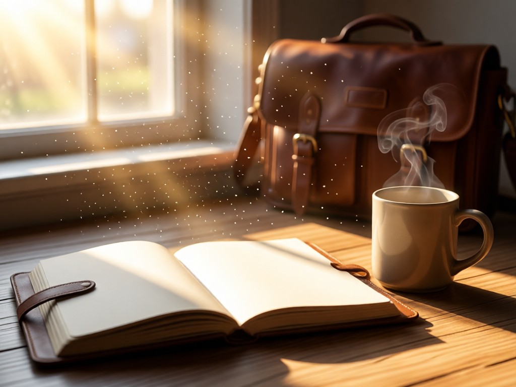 A leather-bound notebook open to a clean page beside a steaming mug. Sunlight streams through a window, illuminating dust particles. Soft focus on a duty bag in background. No people.