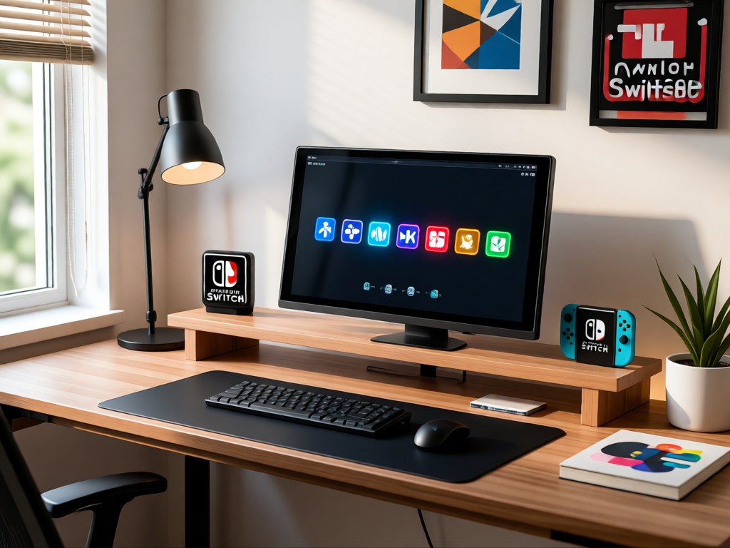 A modern desk setup with a Switch OLED displaying link icons, surrounded by minimalist Nintendo decor. Soft natural lighting. No people.