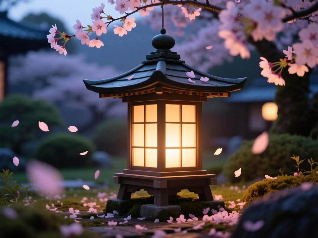 A single traditional Japanese lantern glowing softly in a dusk garden, casting warm light on cherry blossom petals, symbolizing focused passion in otaku culture, shallow depth of field, no people.