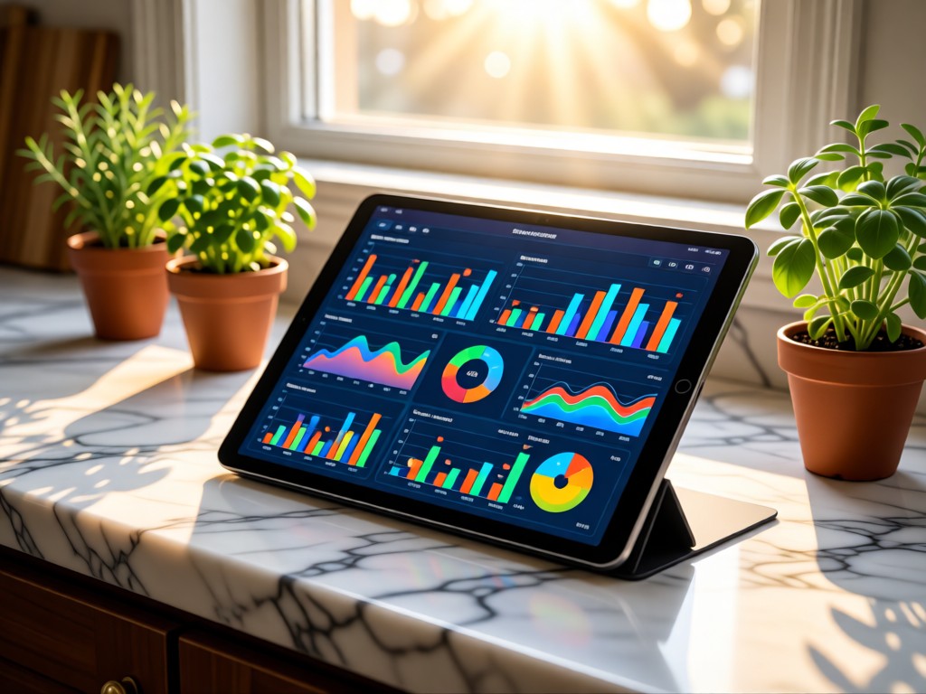 A sleek tablet displaying colorful restaurant analytics on a marble countertop. Fresh herbs in small pots sit beside it, backlit by soft morning sun through a window. No people.