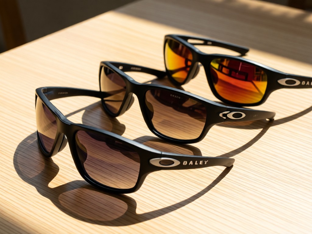 Three pairs of Oakley sunglasses arranged diagonally on a light oak table. Sunlight highlights lens gradients and frame textures. Soft shadows add depth. No people.
