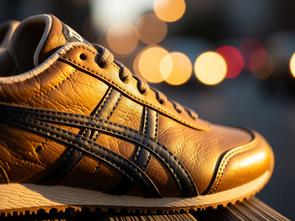 Camera lens focused on Onitsuka Tiger sneakers against blurred bokeh lights. Golden hour glow on leather textures. Depth of field emphasizes product, no people.