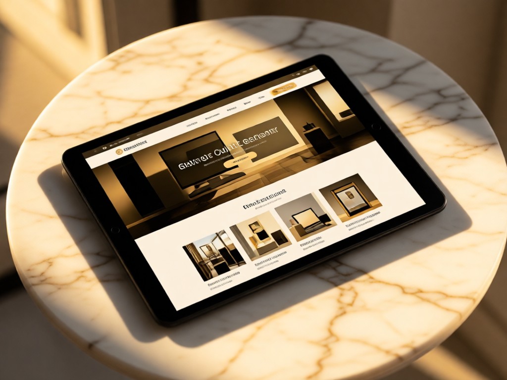 Sleek tablet displaying a responsive outlet website on marble. Soft shadows emphasize screen clarity. Golden hour ambiance. No people.