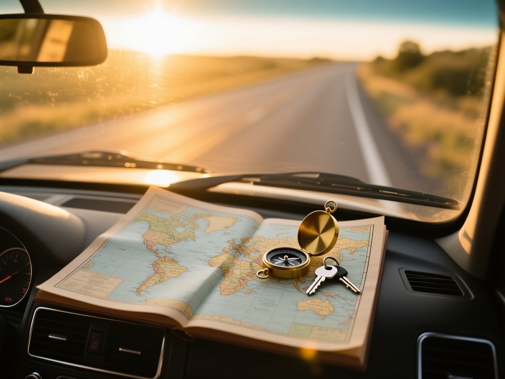 A vintage map spread on a car dashboard during golden hour, compass and keys beside it, warm sunlight streaming through windshield, soft focus on distant road, natural lighting, no people visible.