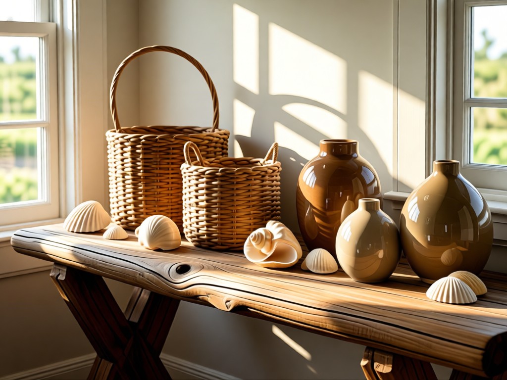A curated arrangement of coastal decor items on a driftwood shelf: seashells, woven baskets, and ceramic vases. Soft morning light streams through nearby windows. No people.