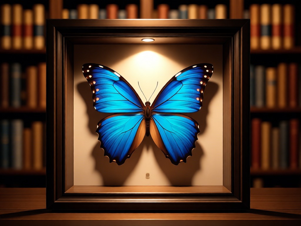 A rare blue butterfly specimen in a shadow box against blurred bookshelves. Spotlight effect with warm ambient light. No people.