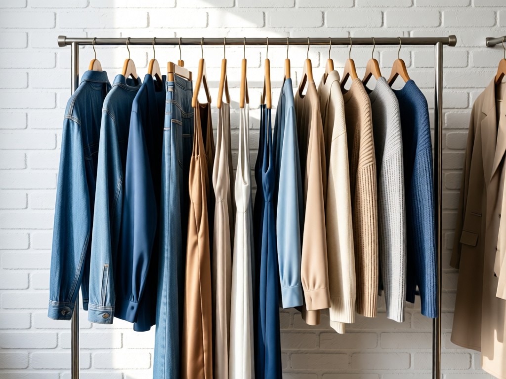 A neatly organized clothing rack with coordinated outfits against a white brick wall. Soft daylight highlights fabric textures - denim, silk, and knitwear. No people.