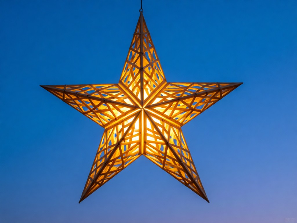 A single parol (Filipino star lantern) hanging against a dusk-blue sky. Warm golden light emanates from its bamboo frame, symbolizing guidance and visibility. No people.