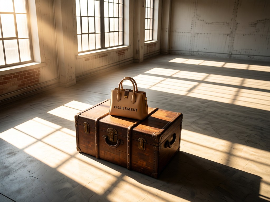 Aerial view of a single statement purse centered on a vintage trunk in an empty loft space. Sunlight pools around it through large windows. Symbolizes focus and premium presentation. No people.