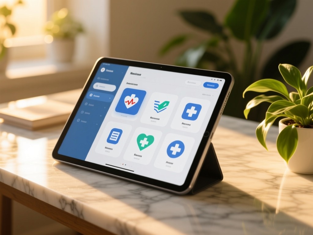 A modern tablet displaying a clean medical interface on a marble desk at golden hour, sunlight highlighting organized health resource icons, soft shadows, green plants nearby, shallow depth of field.