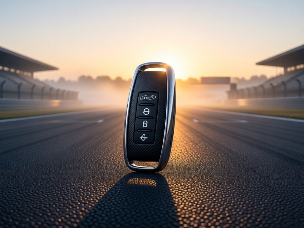 A single Pagani key fob centered on an empty racetrack at dawn. Mist rises in background as first sunlight hits the key's contours. Symbolizes exclusivity and focus. No people.