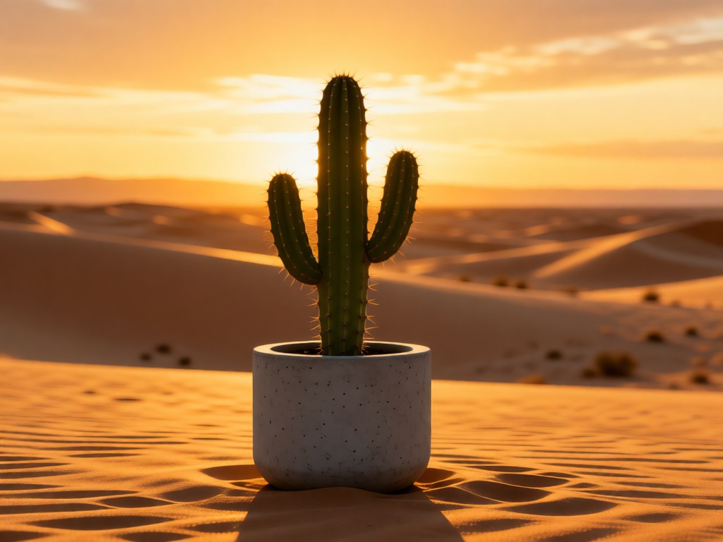 A single resilient cactus in a minimalist concrete pot against a vast desert landscape at sunset. The plant stands centered, symbolizing focus and growth potential. Warm golden tones. No people.