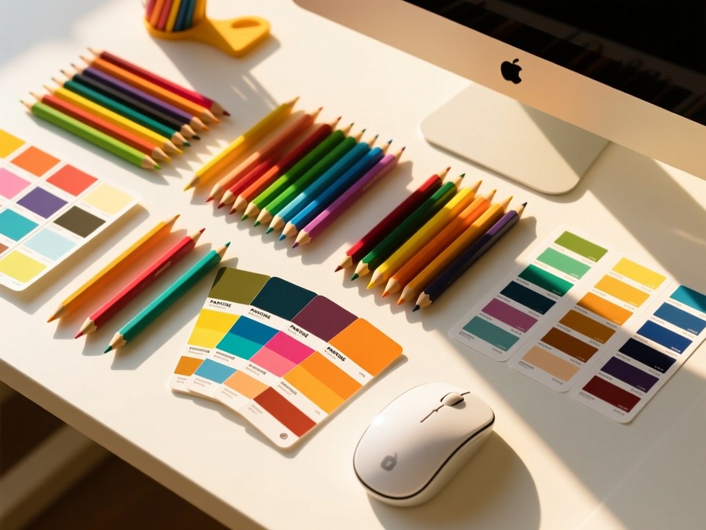 An aerial shot of vibrant design tools - colored pencils, Pantone swatches and a vector mouse - arranged neatly on a white surface. Golden sunlight creates long shadows, symbolizing organization and creativity. No people.