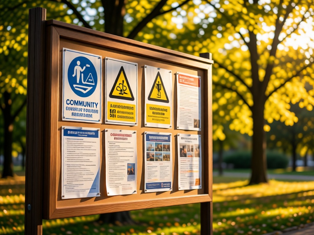 A community bulletin board with safety posters and event flyers in warm daylight. Soft focus background shows sunlit trees. Symbolizes public connection. No people.
