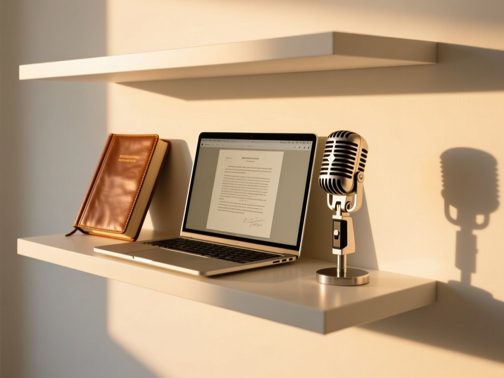 A minimalist floating shelf holding a leather journal, open laptop displaying a manuscript, and vintage microphone during golden hour, soft shadows on white backdrop, warm tones, no people.