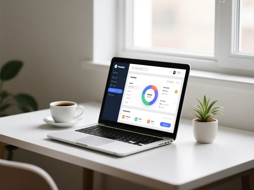 Minimalist desk with open laptop showing clean member dashboard. Coffee cup and small plant beside it. Soft window light. No people.