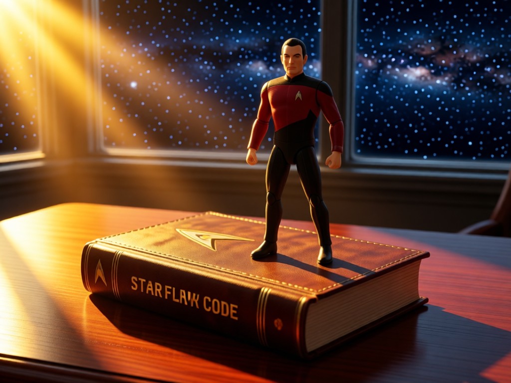 A single Captain Picard action figure standing boldly on a leather-bound Starfleet Code book. Golden sunset light streams across a mahogany desk, creating dramatic shadows. Deep space starfield visible through a window. No people.