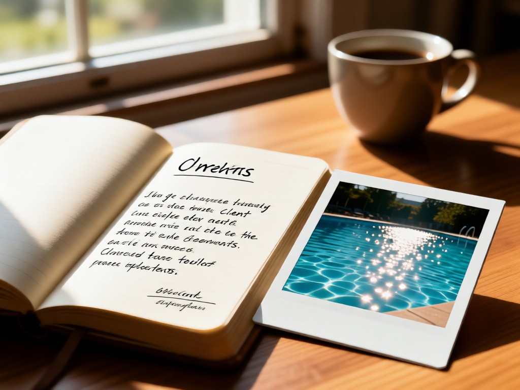 Open notebook with handwritten client testimonials beside a polaroid of a sparkling pool. Natural light from a nearby window. Coffee cup in blurred background. Warm, authentic feel. No people.