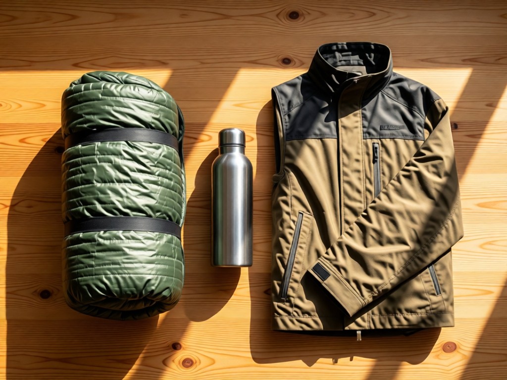 A neatly arranged flat lay of outdoor essentials: rolled sleeping bag, aluminum water bottle, and folded technical jacket on a cedar wood surface. Morning sun creates long shadows. No people.