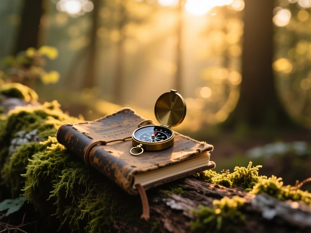 A weathered hiking journal and compass on a mossy log at golden hour, soft sunlight filtering through forest canopy, shallow depth of field, warm natural tones, no people visible.