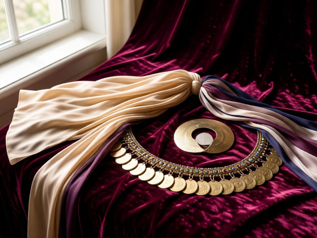 An elegant arrangement of belly dance props: silk veils, finger cymbals, and a coin belt on rich velvet fabric. Soft window light creates texture depth. No people.