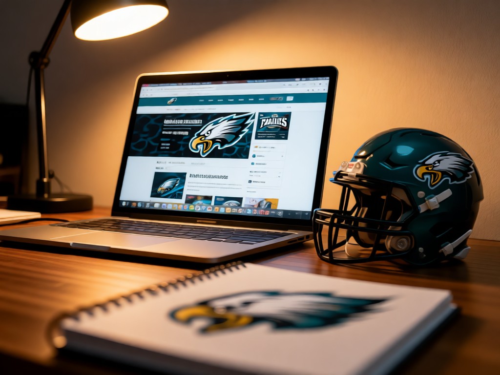 A laptop displaying Eagles fan sites with a mini helmet beside it. Soft desk lamp glow creates cozy focus. Notebook with team logo blurred in foreground. No people.