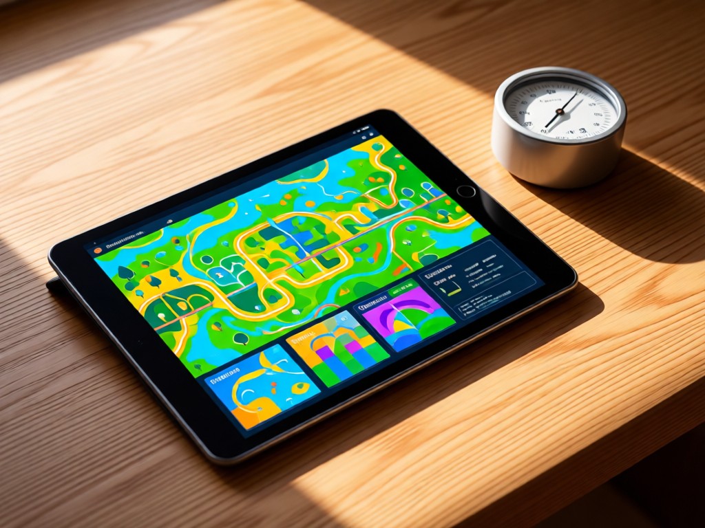 A sleek tablet displaying colorful irrigation maps beside a minimalist water gauge. Natural wood textures and indirect sunlight. Focus on technology-nature integration.