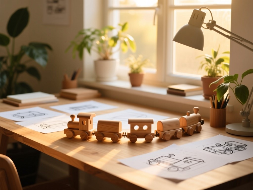 A clean wooden desk during golden hour featuring a handmade wooden toy train surrounded by design sketches, soft sunlight through windows, plants in background, shallow focus, warm natural lighting.