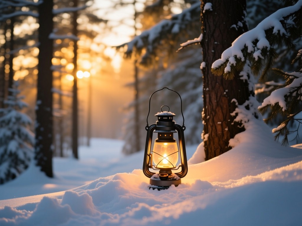 A single glowing lantern in snowy pine forest during golden hour, casting warm light on fresh snow, symbolizing guidance for holiday travelers, soft shadows, cool-warm contrast, no people.