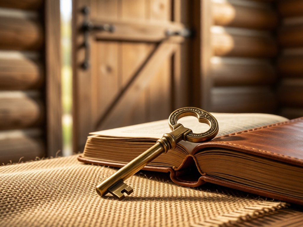 Vintage brass key resting on burlap beside an open leather-bound journal. Blurred background of a rustic cabin door. Warm morning light. No people.