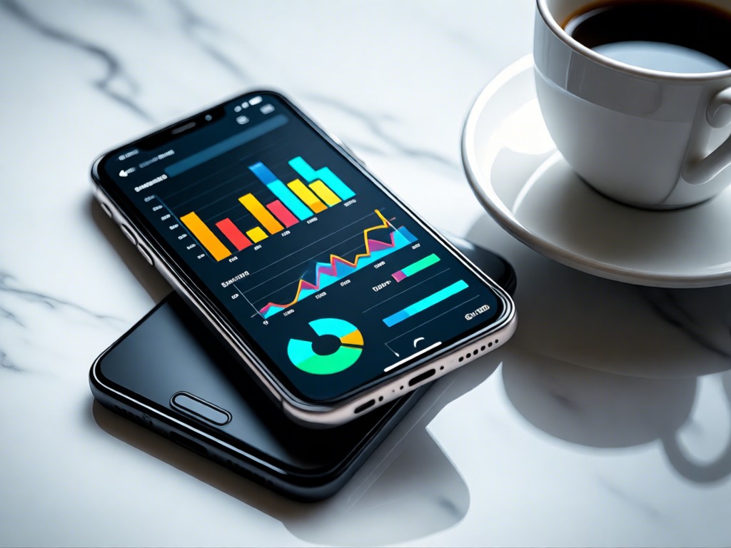 Close-up of a smartphone displaying colorful fashion analytics charts. Device rests on a marble surface beside a coffee cup. Reflective highlights. Minimalist composition. No people.