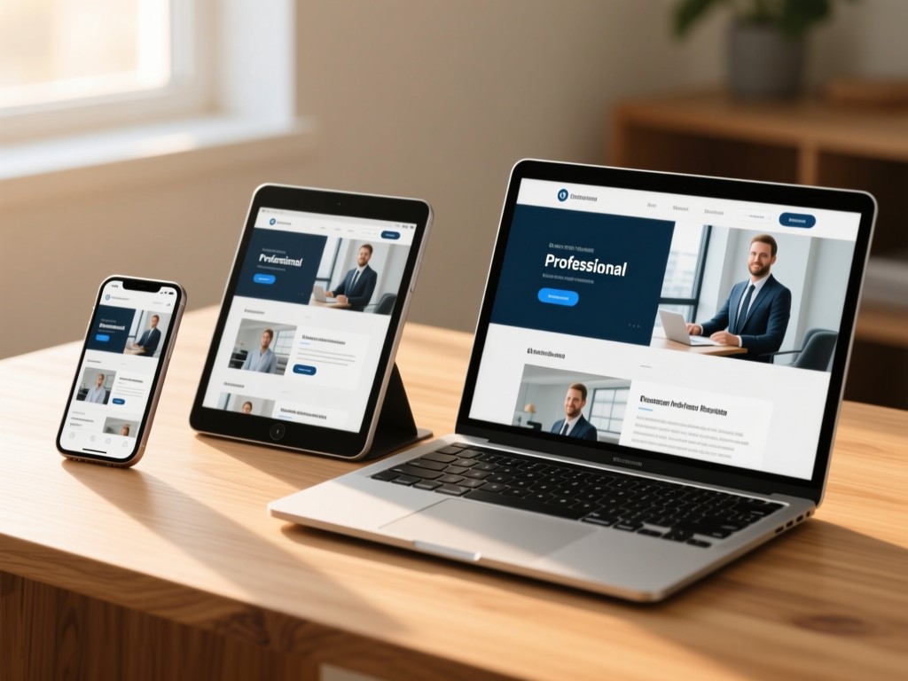 Three devices (phone, tablet, laptop) on a light oak surface, all showing the same professional portfolio. Soft morning light creates consistent illumination across all screens. No people.