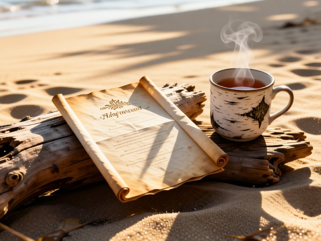 Artfully folded parchment menu resting on weathered driftwood beside a steaming cup of birch tea. Morning light creates gentle shadows on a sandy beach background. No people.